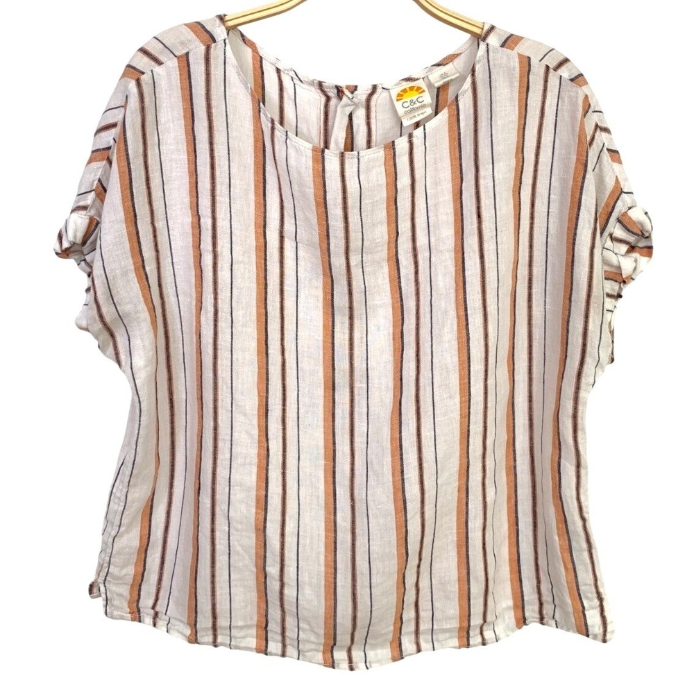 C&C CALIFORNIA / Monarch Linen Back Button Blouse White Orange‎ Navy  / Size S